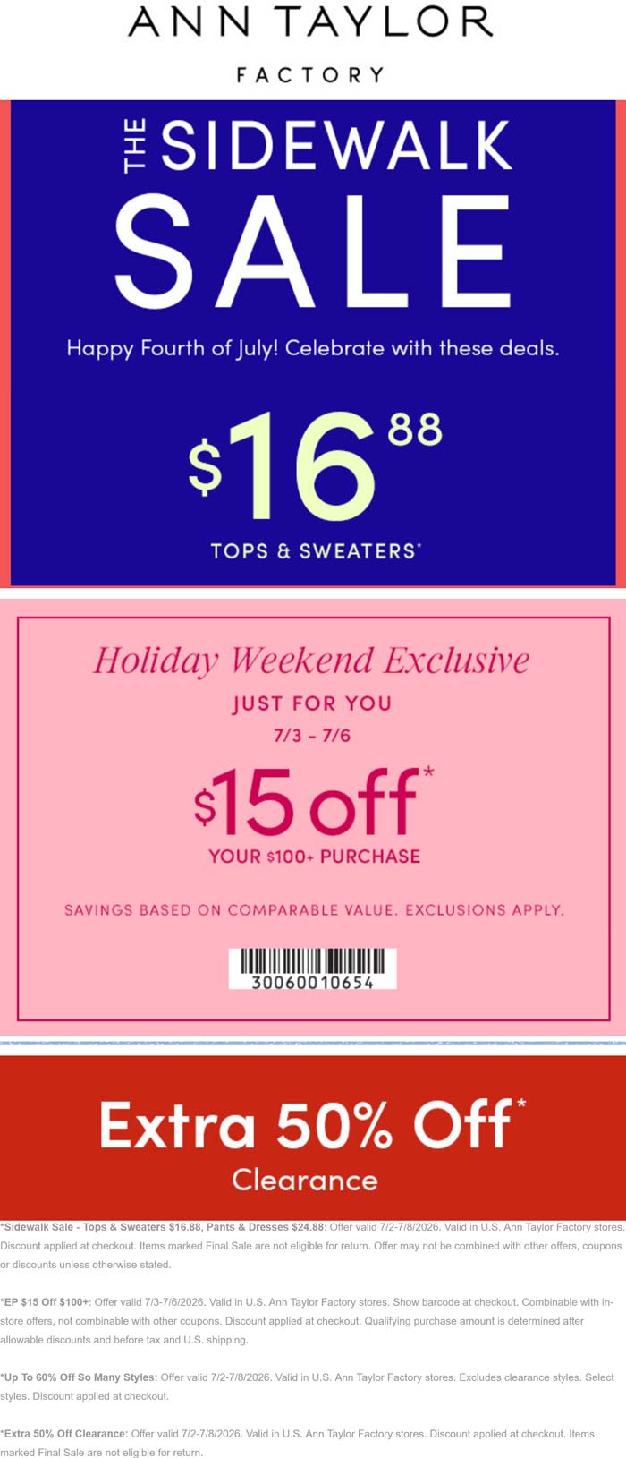 $15 off $100 at Ann Taylor Factory
