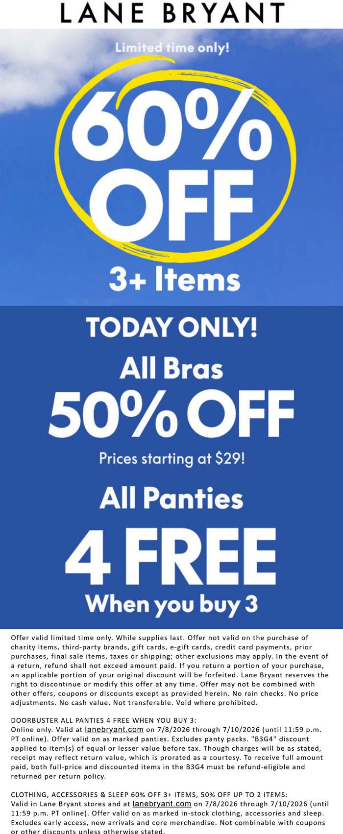 60% off 3+ items at Lane Bryant, ditto online