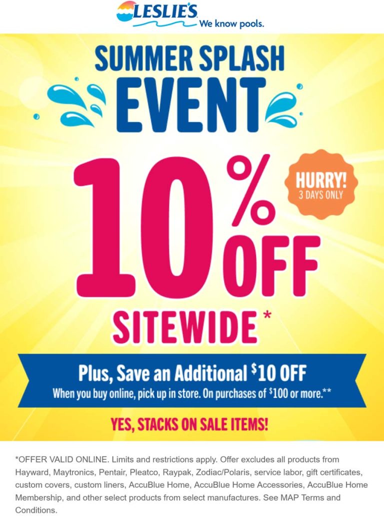 10% off +$10 off $100 online at Leslies pool supplies