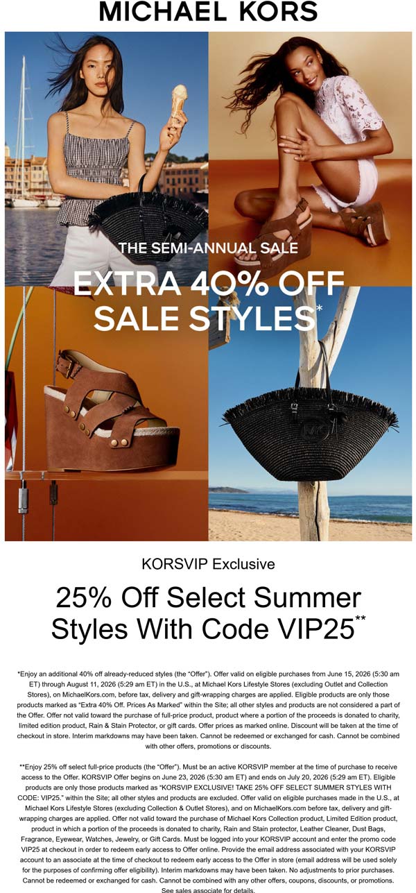 Extra 40% off sale styles at Michael Kors + 25% off summer via promo VIP25