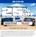 25% off a single item today at Big 5 sporting goods via promo code P062626 #big5
