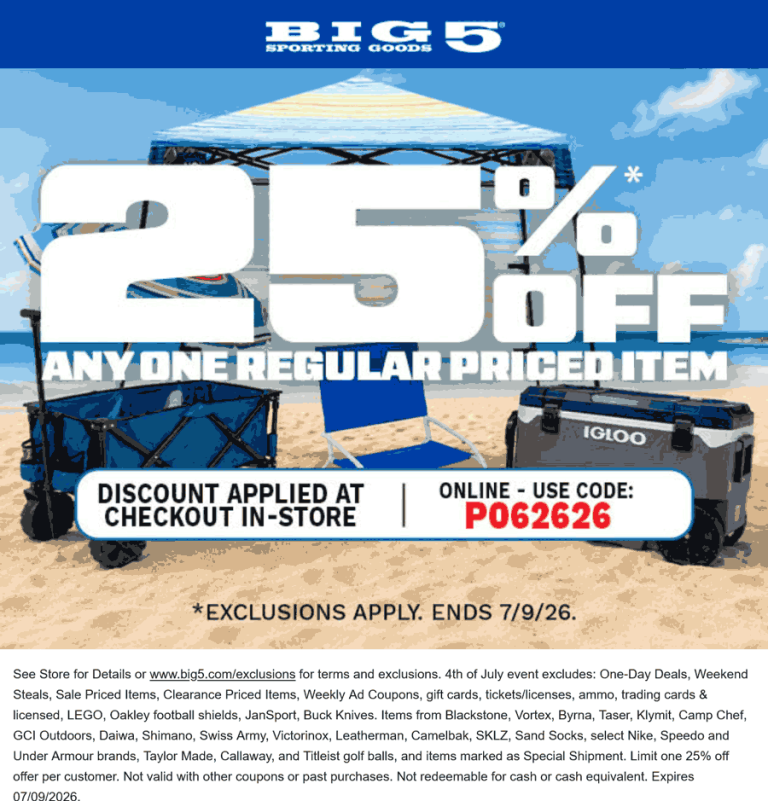 25% off a single item today at Big 5 sporting goods via promo code P062626