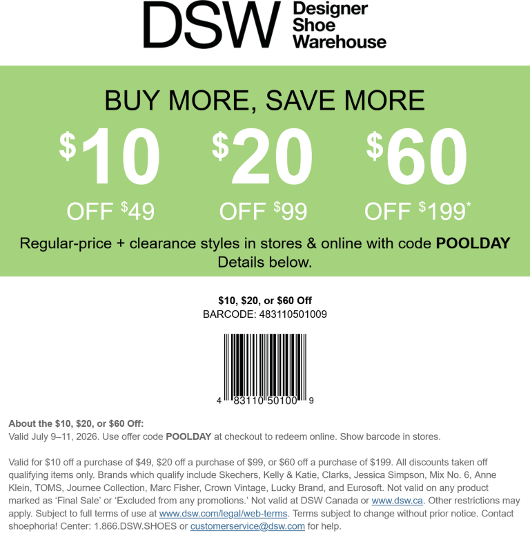 $10-$60 off $49+ at DSW, or online via promo code POOLDAY