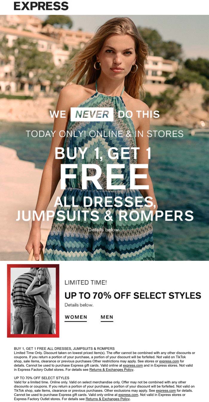 Second dress jumpsuit or romper free today at Express, ditto online