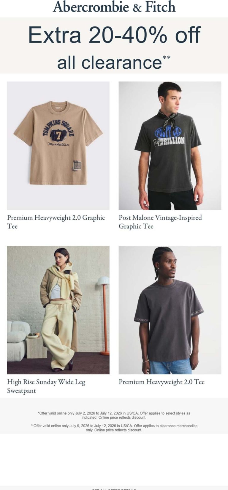 Abercrombie & Fitch coupon: Extra 20-40% off clearance online today at Abercrombie & Fitch