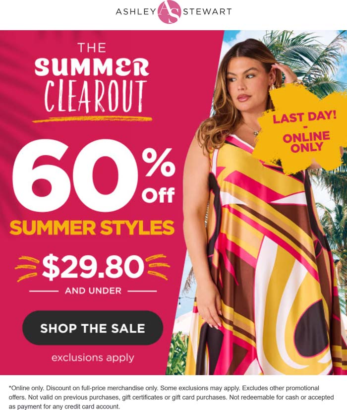 60% off summer styles online today at Ashley Stewart