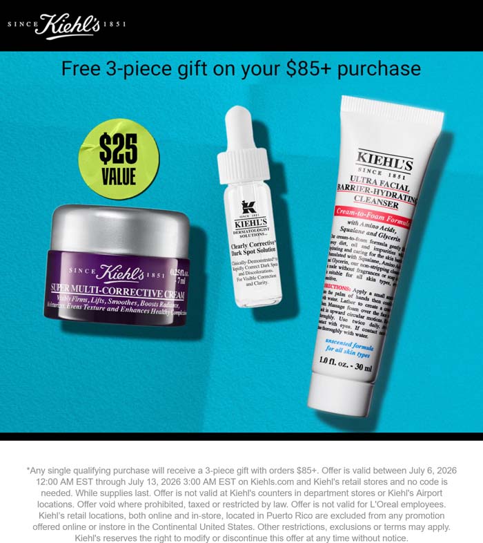 Free 3pc on $85+ today at Kiehls