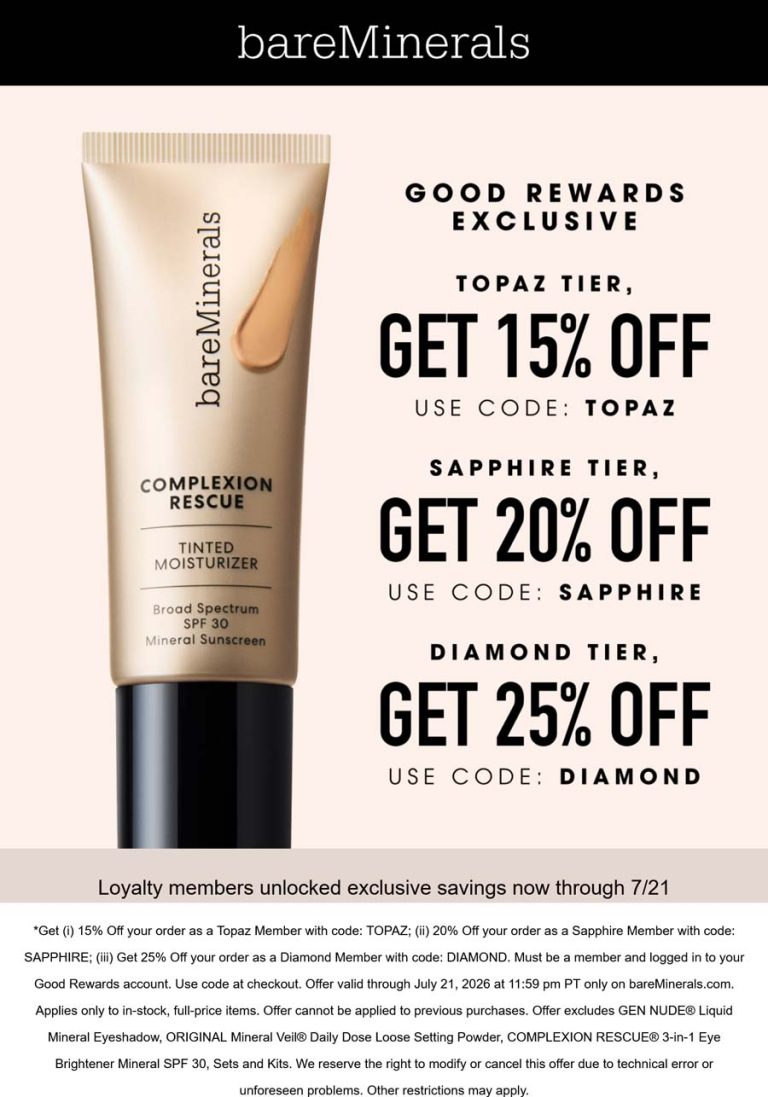 15-25% off via login at bareMinerals