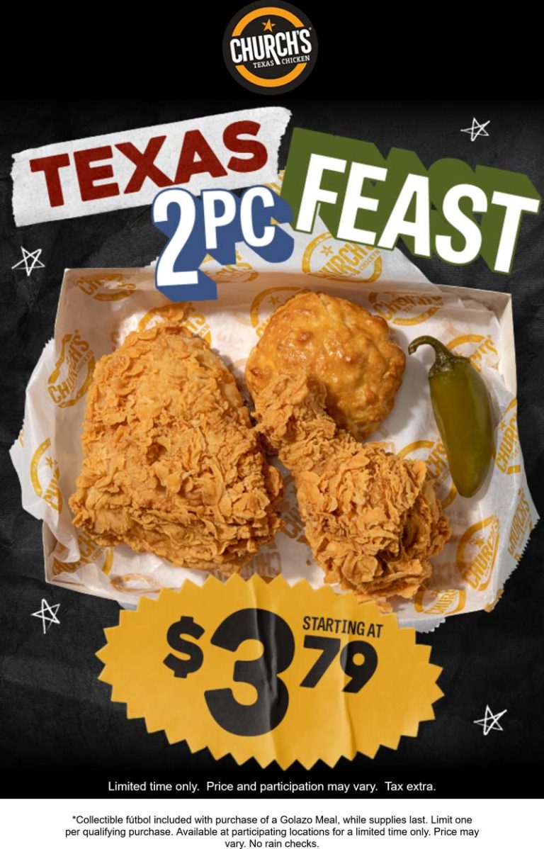 2pc chicken meal = $3.79 at Churchs Texas Chicken