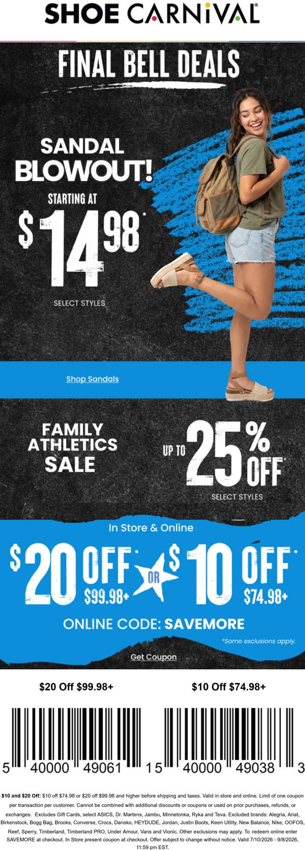 $10-$20 off $75+ today at Shoe Carnival, or online via promo code SAVEMORE