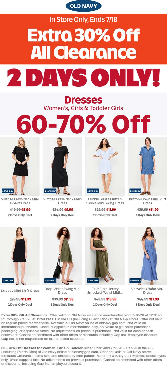Extra 30% off all clearance & more at Old Navy
