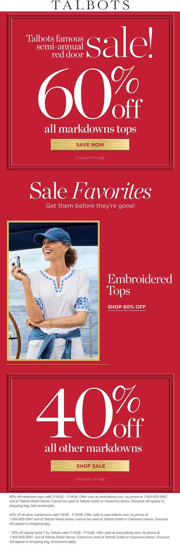 Extra 60% off sale tops & 40% other sales at Talbots, ditto online