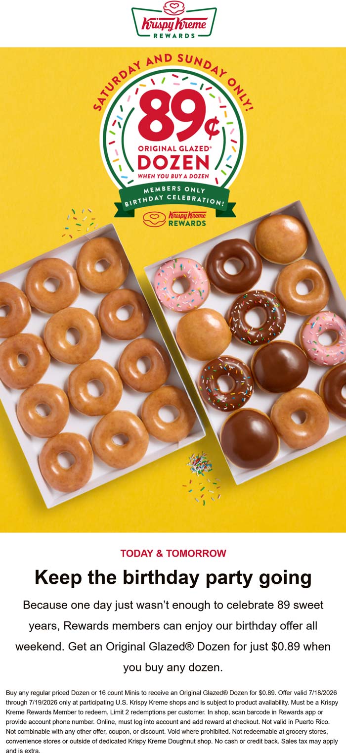 Second dozen for $1 via login at Krispy Kreme doughnuts