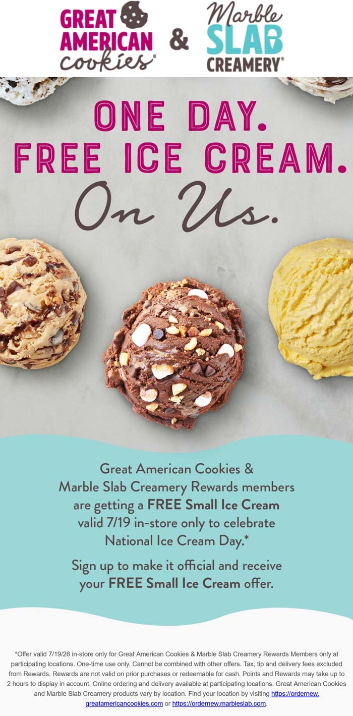 Free ice cream Sunday at Great American Cookies & Marble Slab Creamery