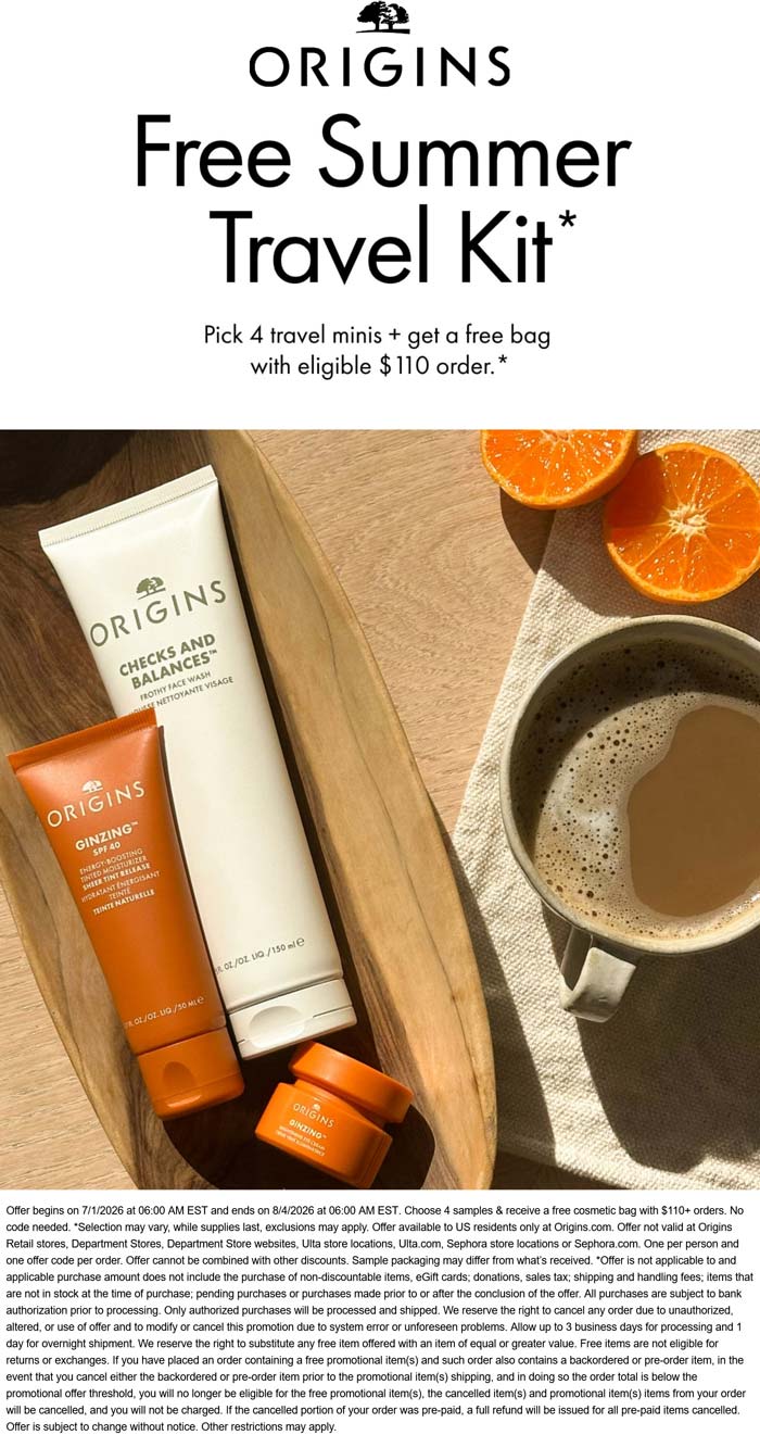 4 travel minis free on $110 online at Origins