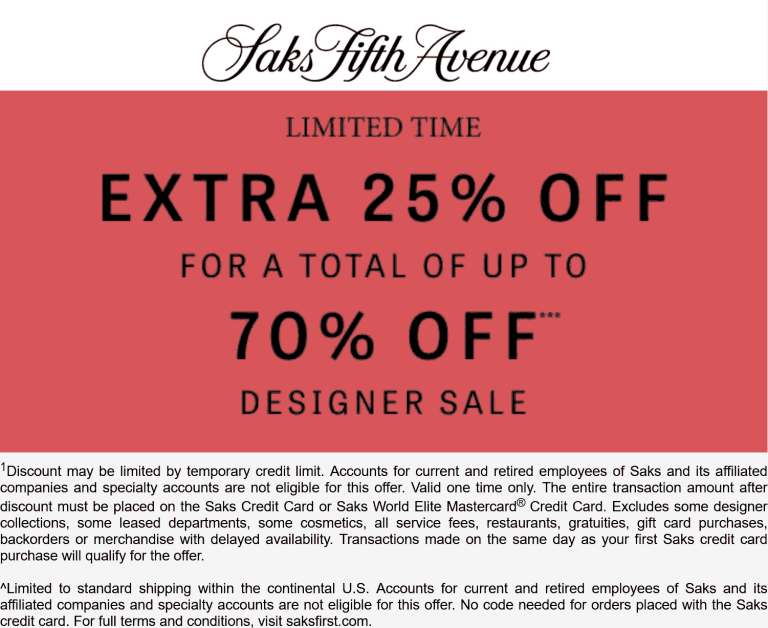 Extra 25% off sale items at Saks Fifth Avenue, ditto online
