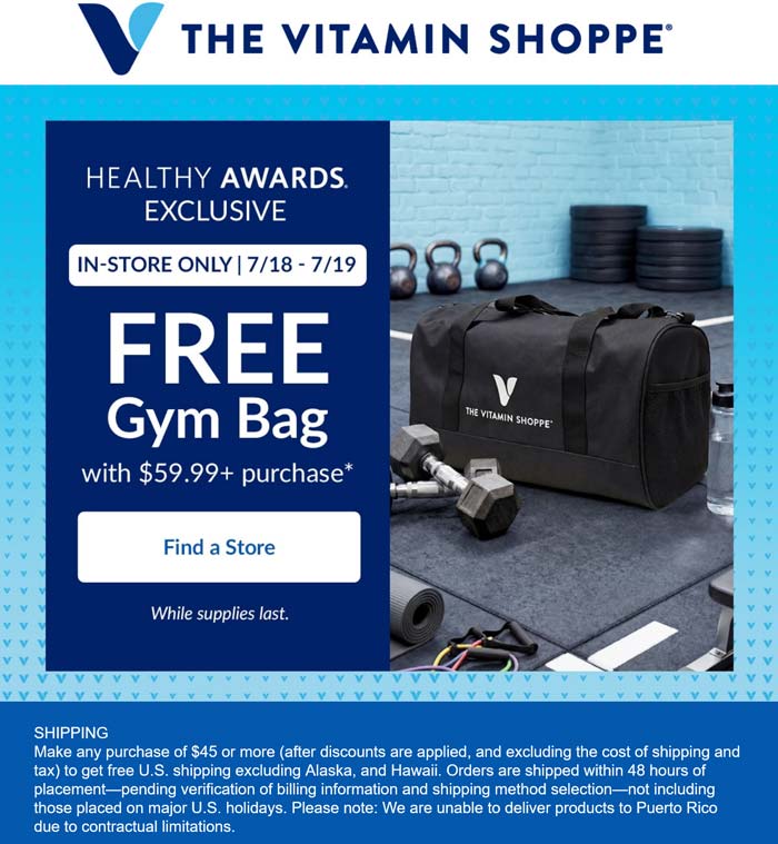 Free gym bag on $60+ at The Vitamin Shoppe