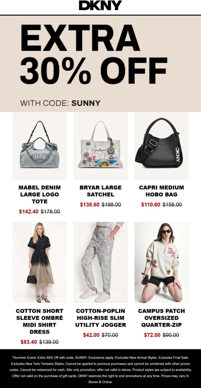Extra 30% off online at DKNY via promo code SUNNY