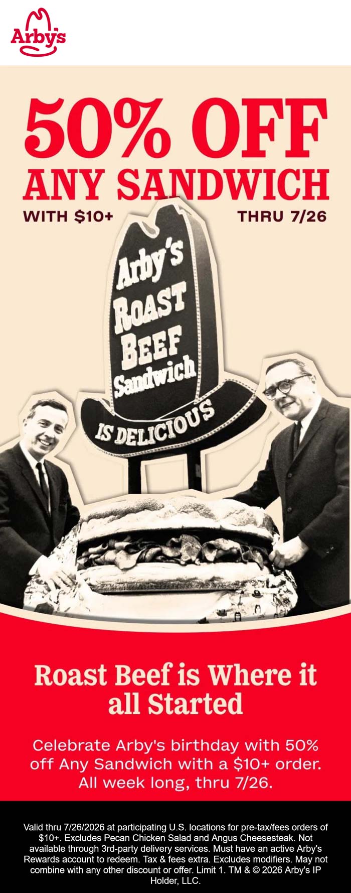 50% off any sandwich via login at Arbys