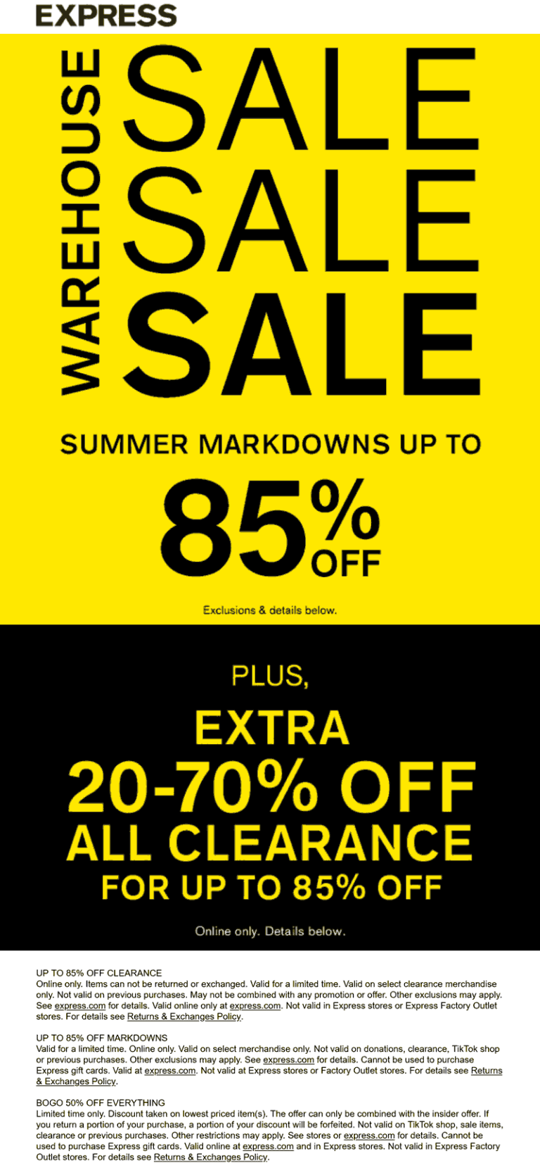 Extra 20-70% off clearance online today at Express