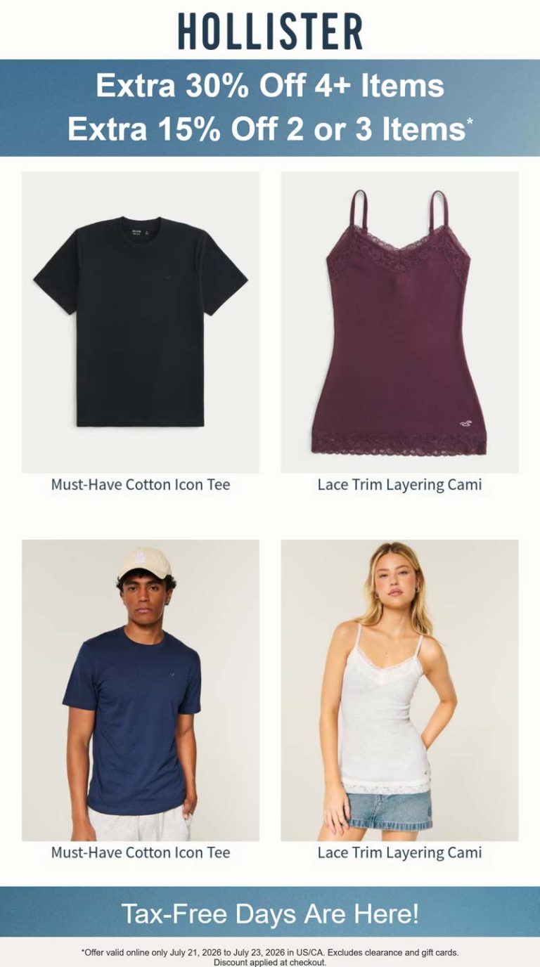 15-30% off 2+ items today online at Hollister