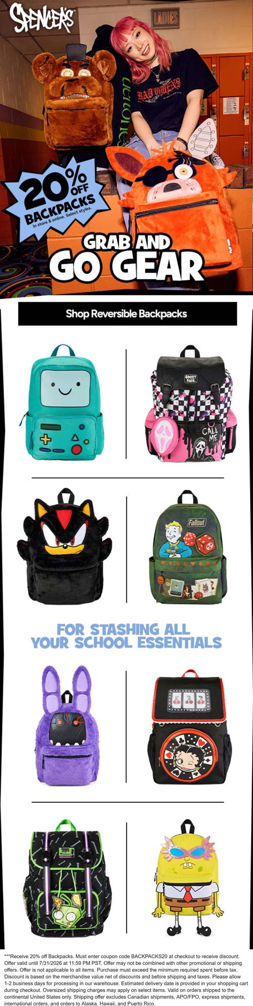 20% off backpacks at Spencers via promo code BACKPACKS20