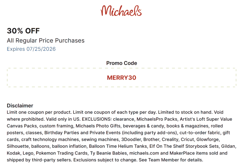 30% off online today at Michaels via promo code MERRY30