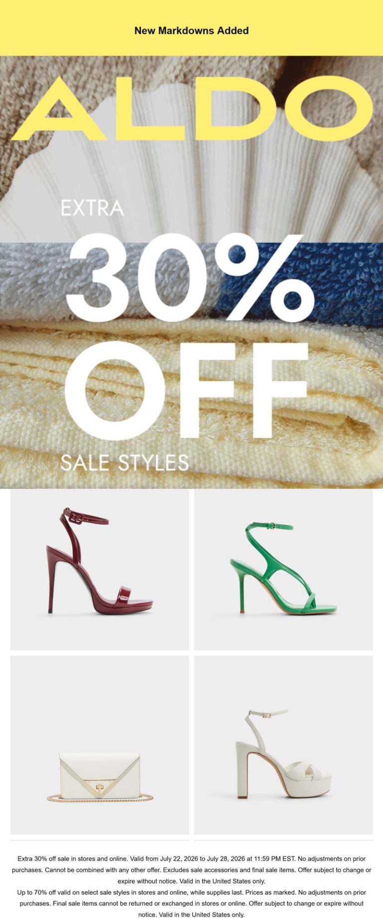 Extra 30% off sale styles at ALDO, ditto online