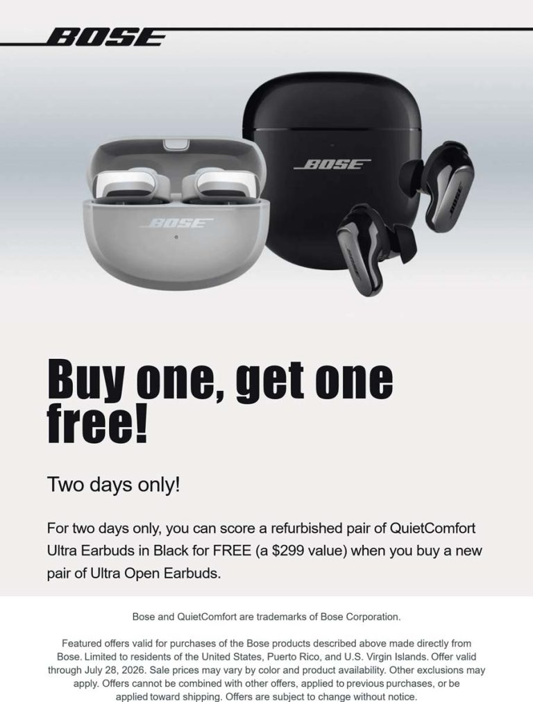 Second $300 pair of ultra earbuds free at Bose