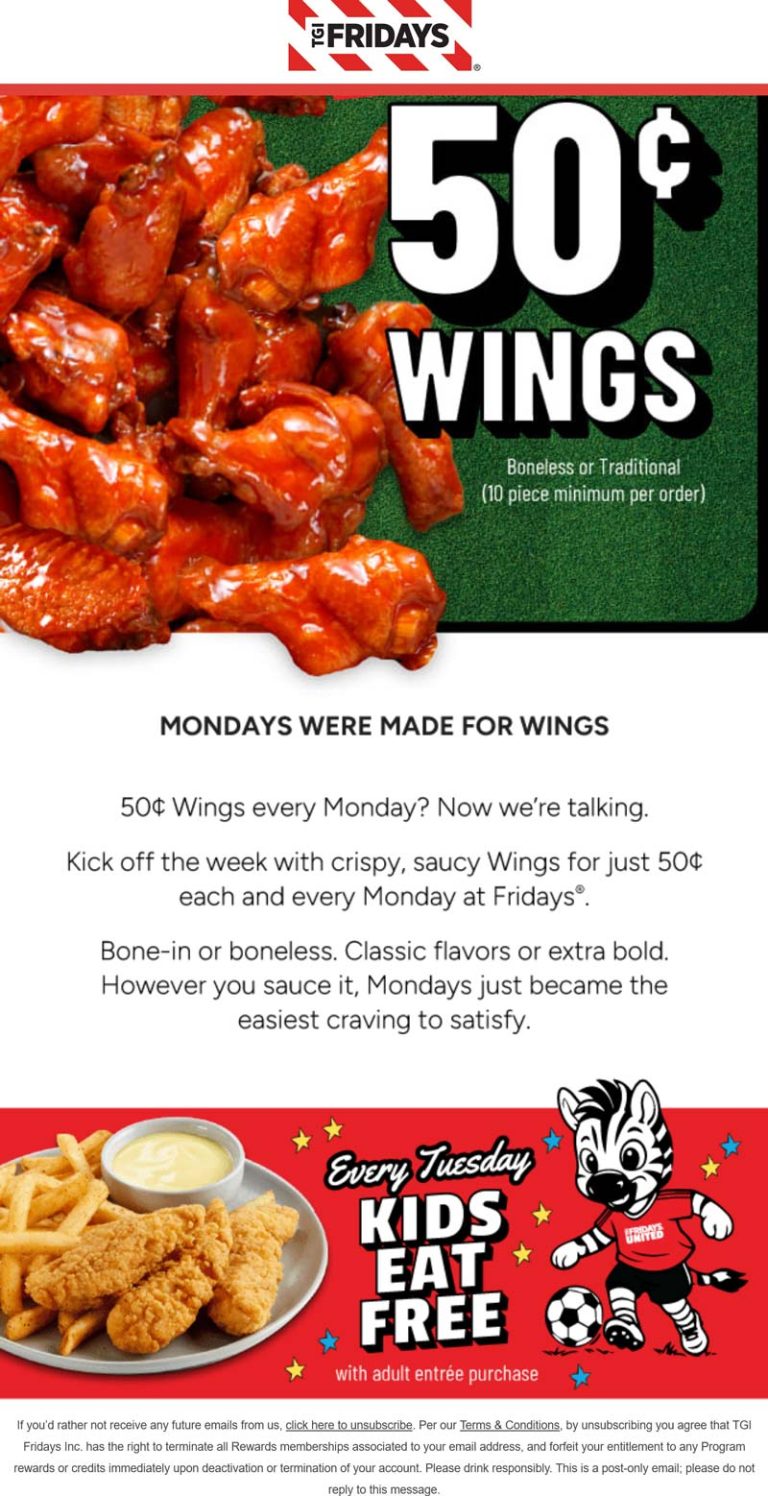 .50 cent chicken wings today at TGI Fridays