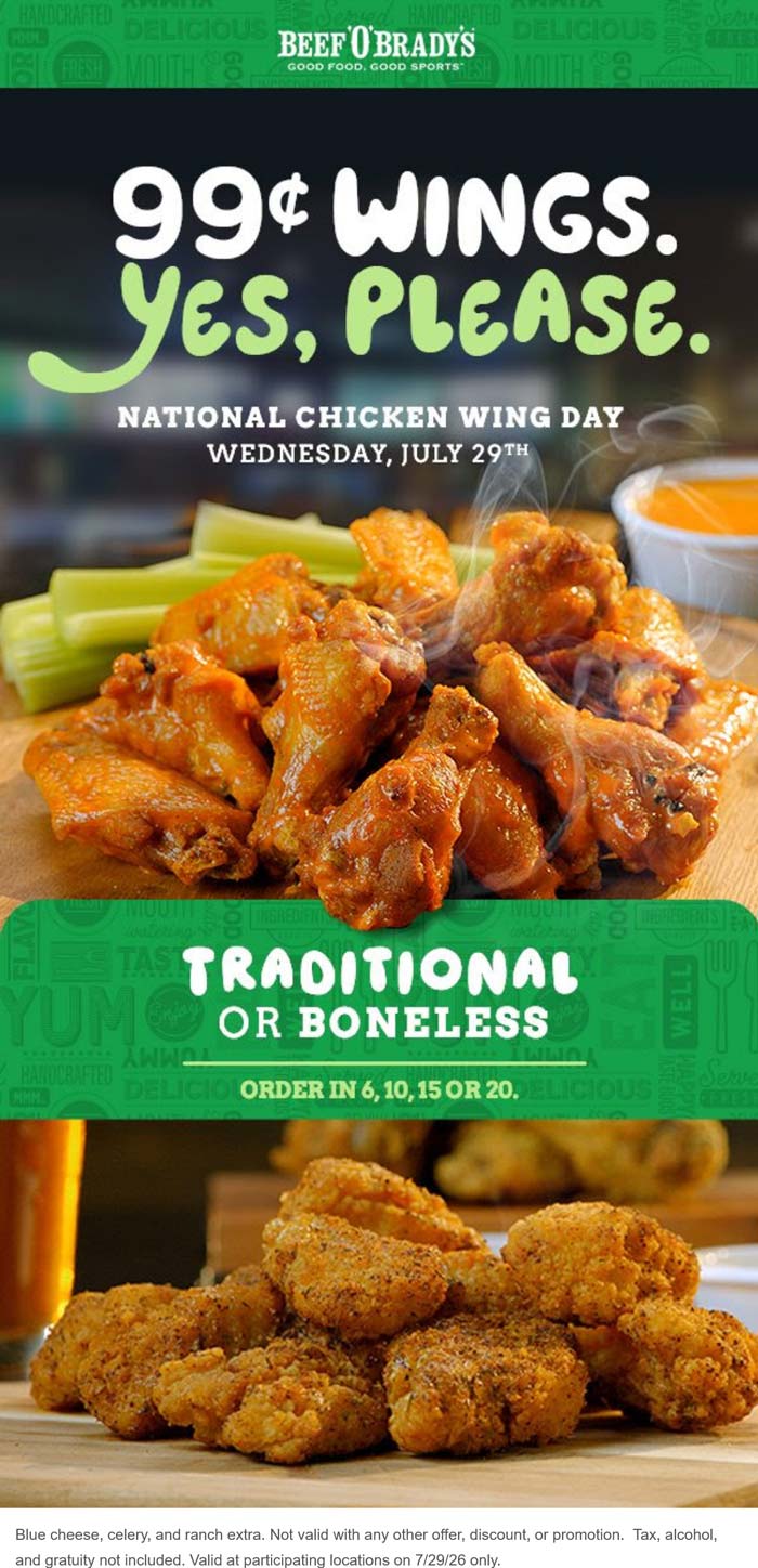 .99 cent chicken wings today at Beef OBradys