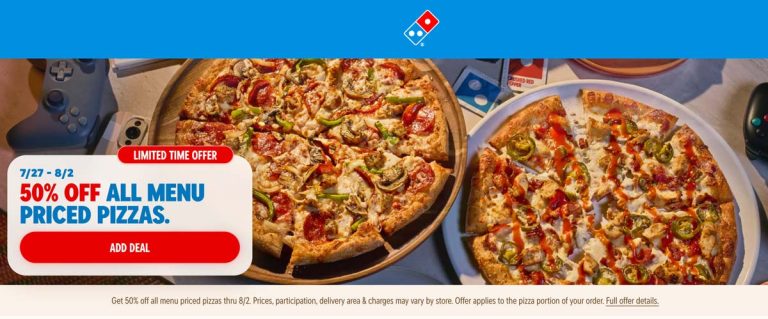 50% off all pizzas at Dominos