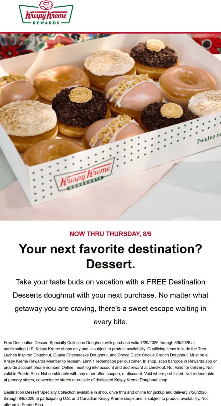 Free dessert doughnut with your order via login at Krispy Kreme
