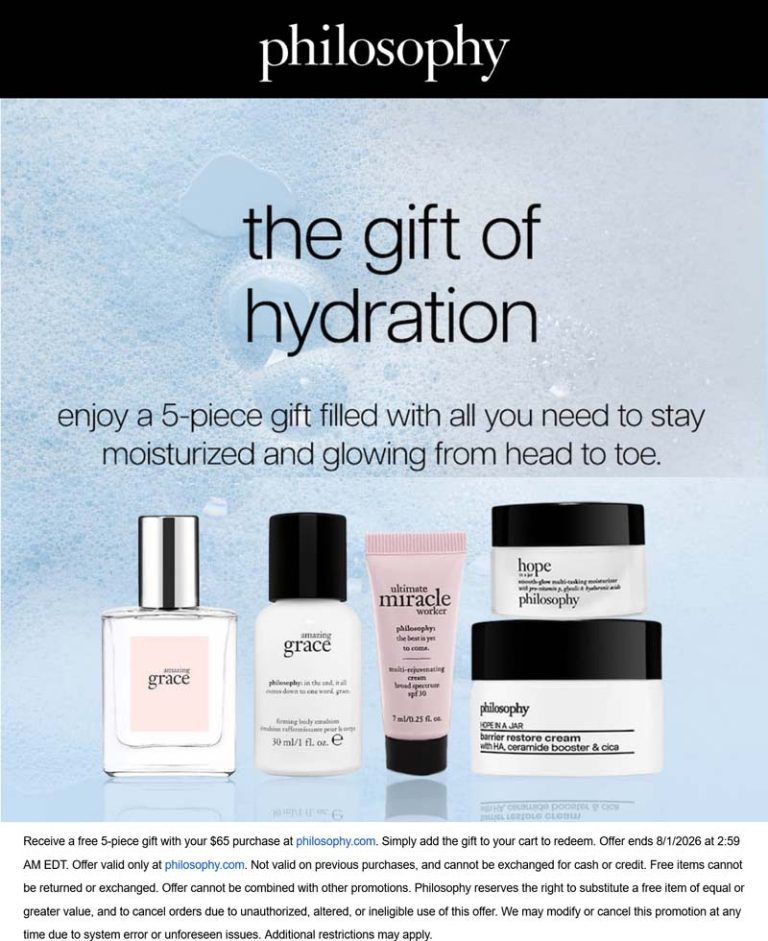 Free 5pc on $65 online at Philosophy