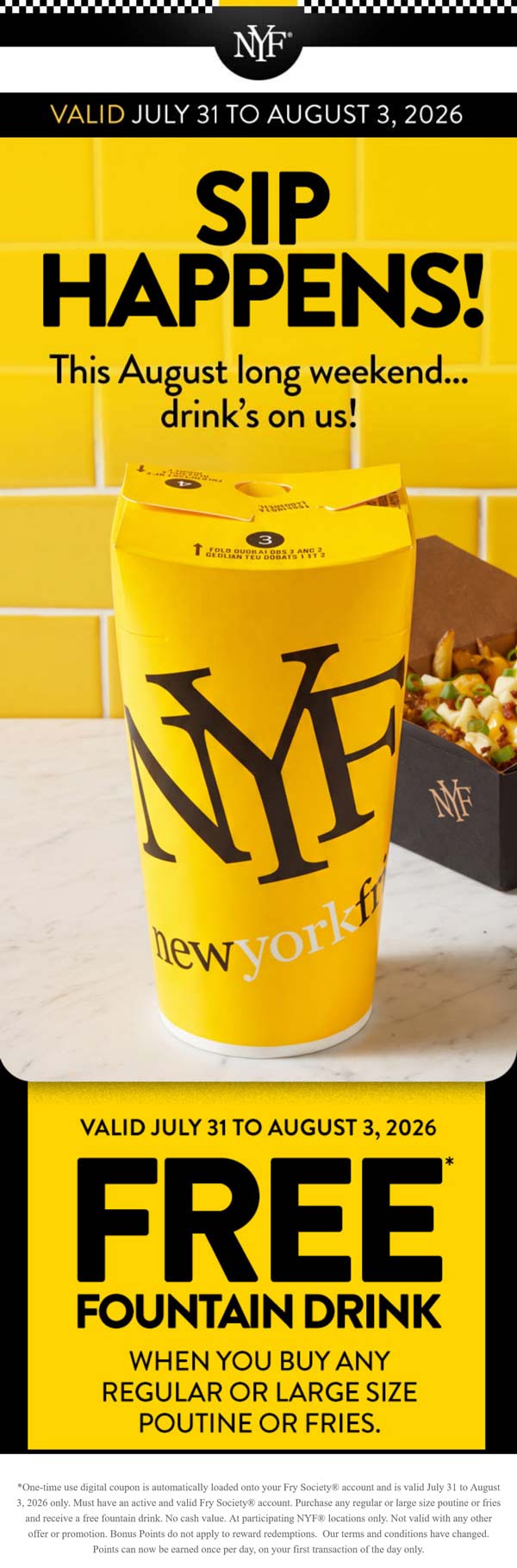 Free drink with your fries via login at New York Fries