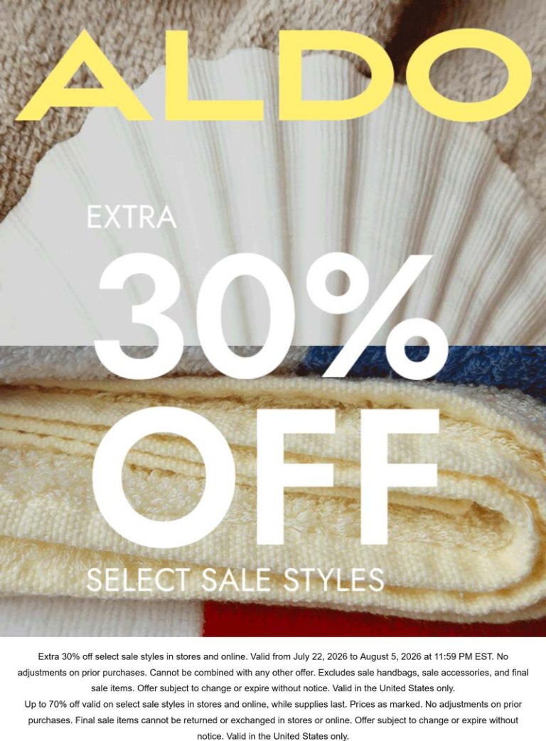 Extra 30% off sale items at ALDO, ditto online