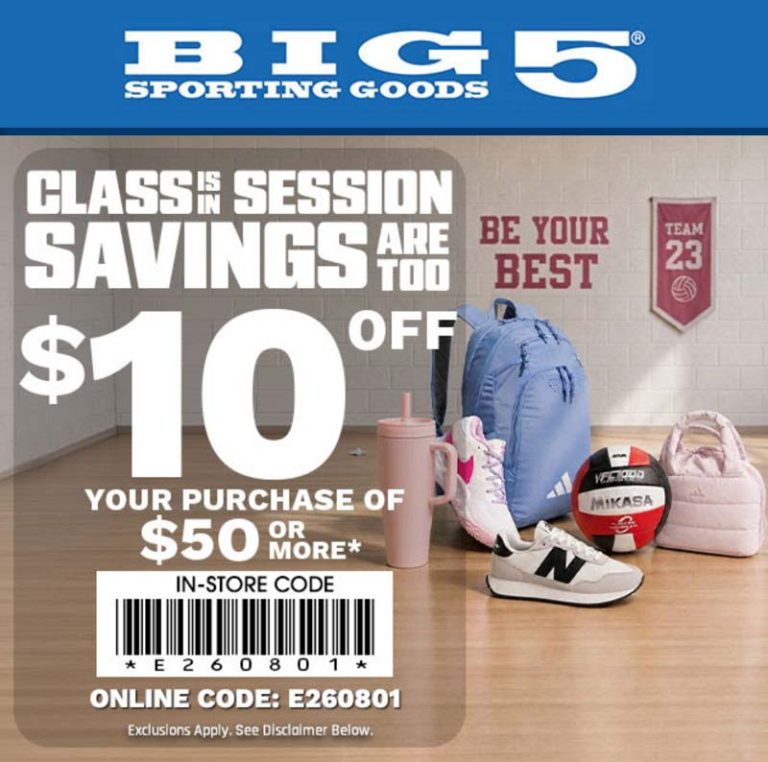 $10 off $50 today at Big 5 sporting goods, or online via promo code E260801