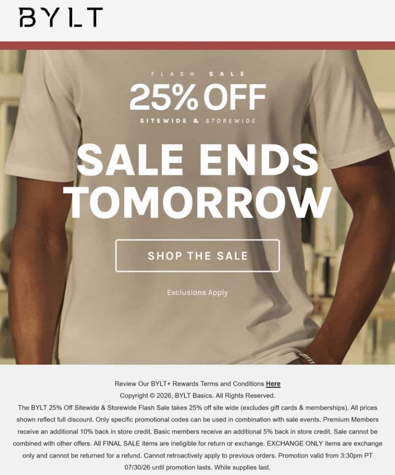 25% off everything at BYLT, ditto online