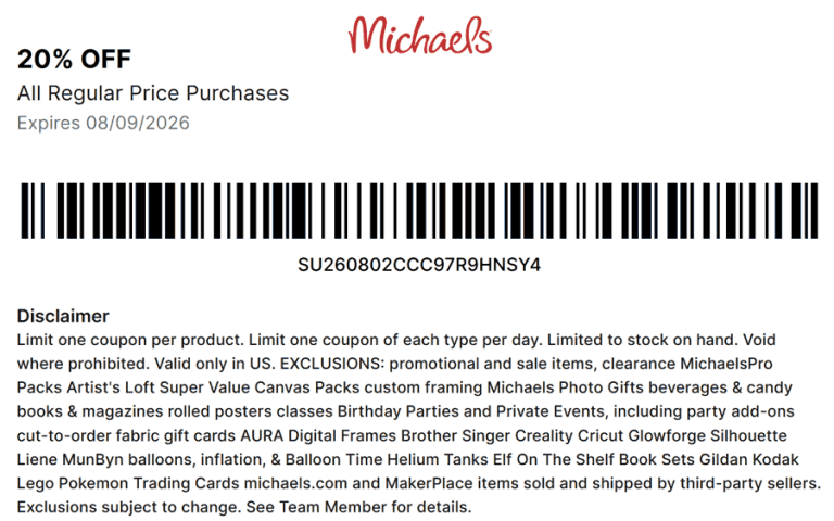 20% off at Michaels, or online via promo code MAKER20