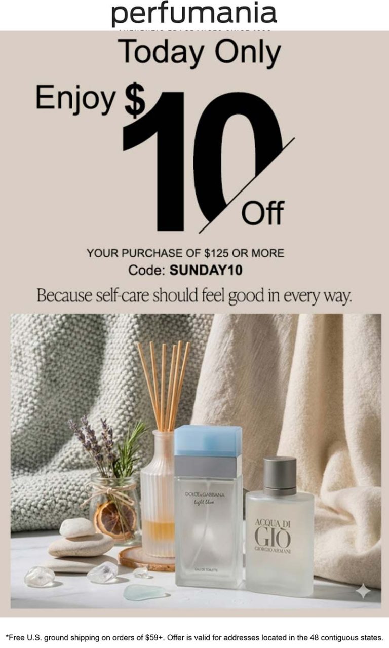 $10 off $125 today at Perfumania via promo code SUNDAY10