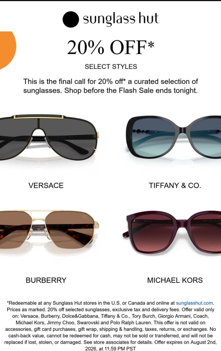 20% off today at Sunglass Hut, also online