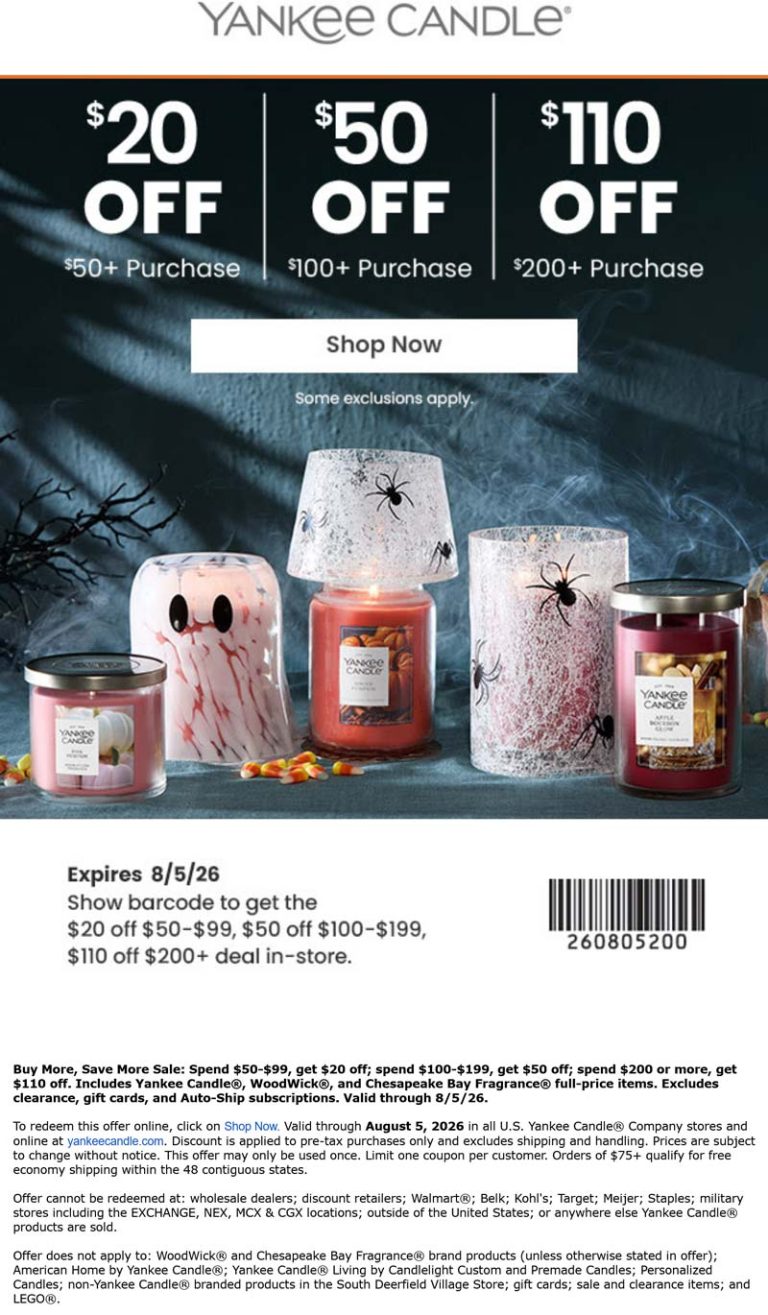 $20-$110 off $50+ at Yankee Candle, also online