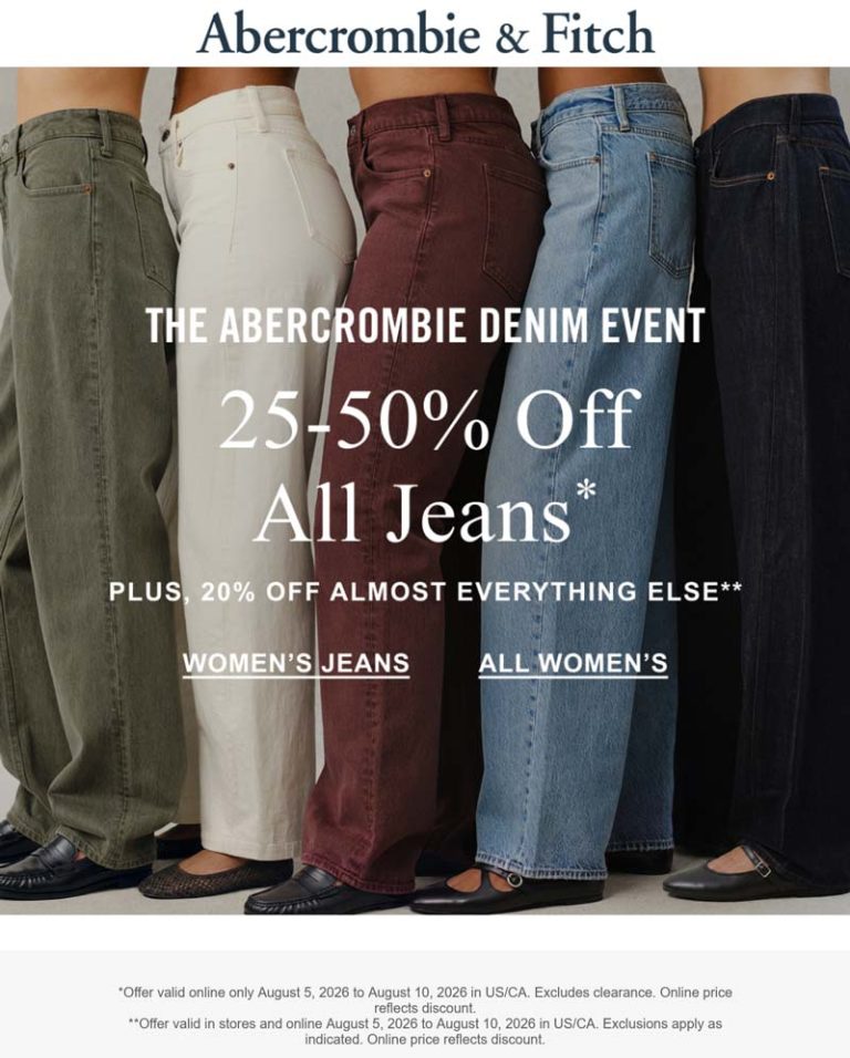 Abercrombie & Fitch coupon: 25-50% off jeans + 20% the rest at Abercrombie & Fitch