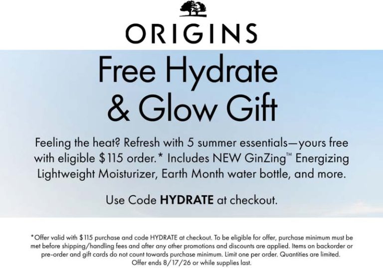 Free hydrate & glow on $115+ at Origins via promo code HYDRATE