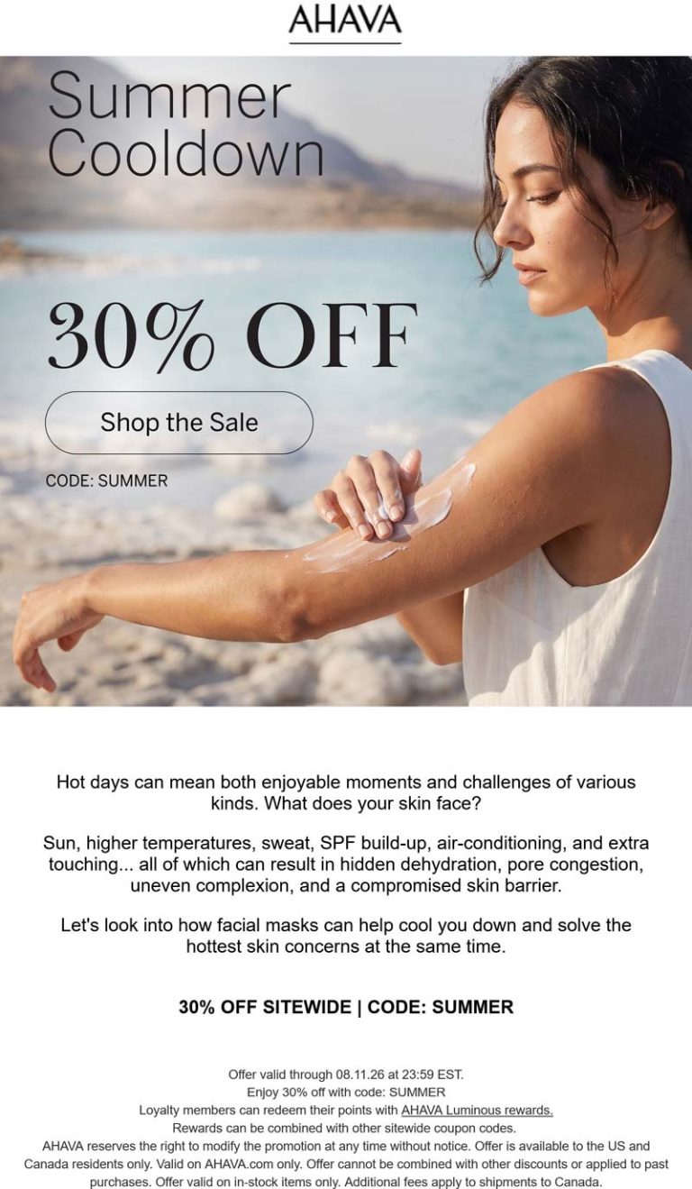 30% off at AHAVA via promo code SUMMER