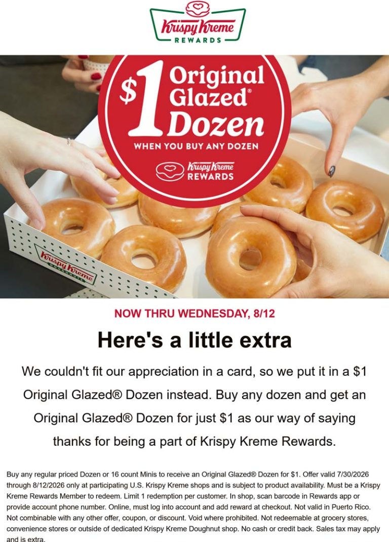 Second dozen doughnuts = $1 via login at Krispy Kreme