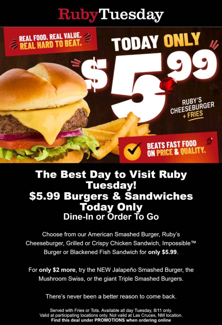 Cheeseburger or chicken sandwich + fries = $6 today at Ruby Tuesday