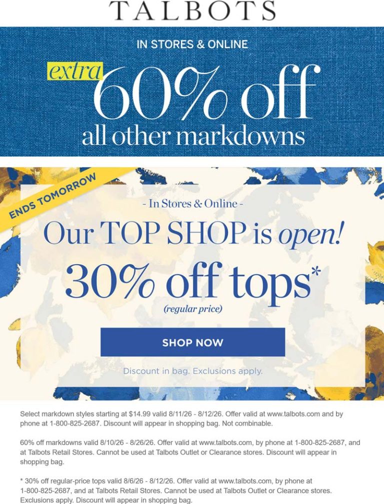 Extra 60% off sale items at Talbots, ditto online