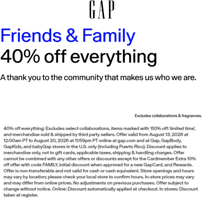 40% off everything at Gap, ditto online