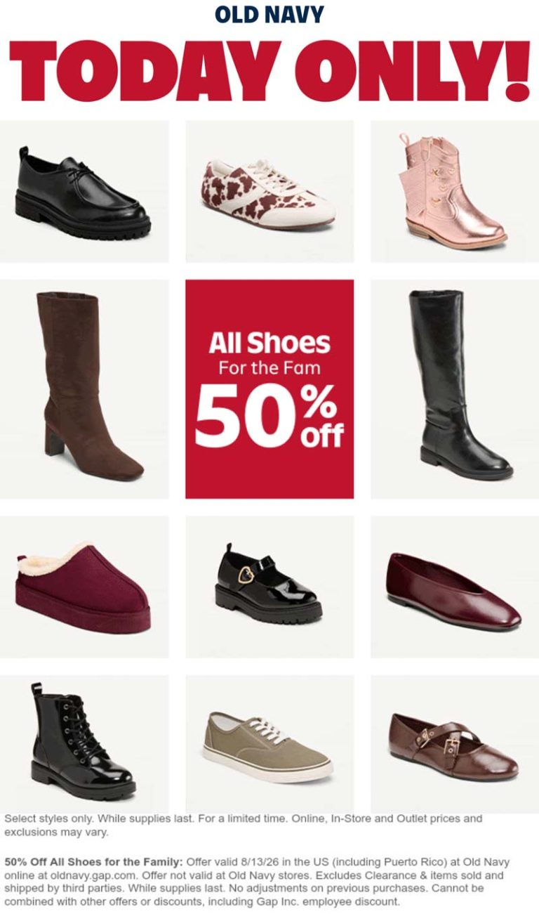 50% off shoes online today at Old Navy